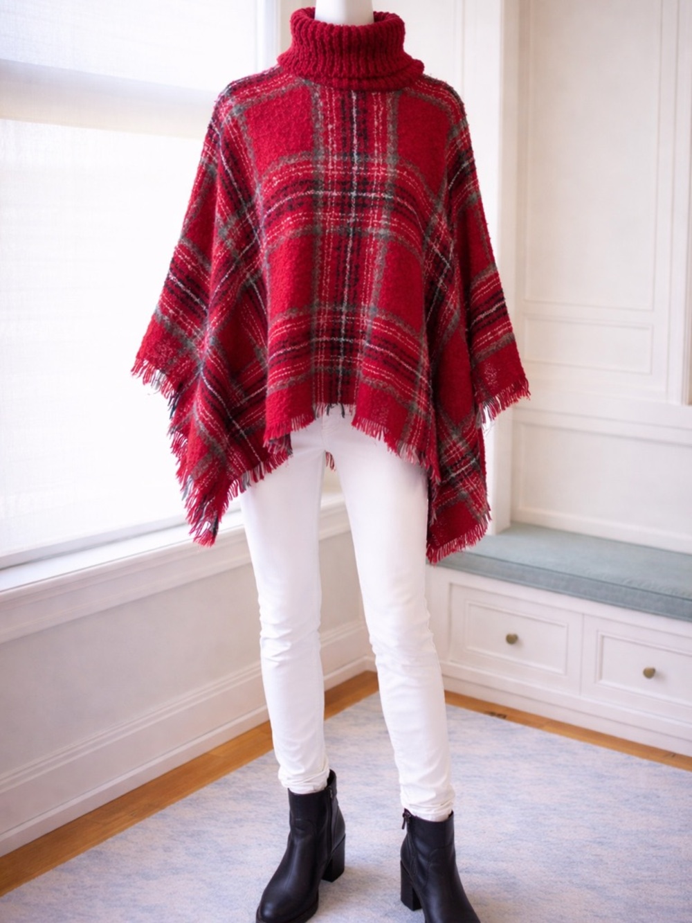 Red Plaid Turtleneck Poncho